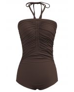 Solid Color Drawstring Halter Neck Swimsuit in Brown