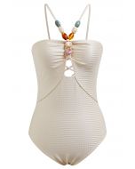 Resin Beads Halter Neck Texture Swimsuit in Champagne