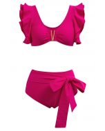 V-Shape Metal Trim Ruffle Bikini Set in Hot Pink