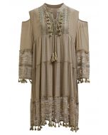 Cutwork Lace Tassel Trim Dolly Dress in Olive