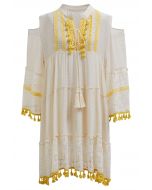 Cutwork Lace Tassel Trim Dolly Dress in Cream