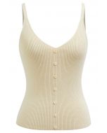 Button Decorated Ribbed Knit Tank Top in Cream