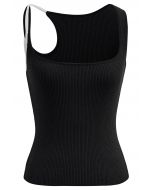 Contrast Asymmetric Straps Ribbed Knit Tank Top in Black