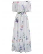 Botanical Printed Off-Shoulder Chiffon Dress