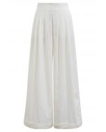 Wide Leg Roll-Hem Pleated Pants in Ivory