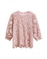 Full Floral Guipure Lace Elbow Sleeve Top in Pink