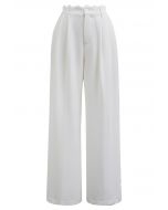 Lacy Waist Pleated Straight-Leg Pants in White