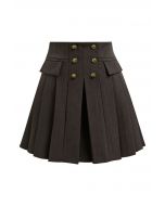 Double-Breasted Pleated Preppy Mini Skorts in Brown