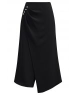 Pearl Side Pleats Asymmetric Flap Midi Skirt in Black