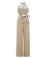 Satin Tie-Waist Pearly Halter Jumpsuit in Sand