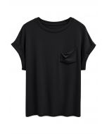 Pocket Trim Rolled Cuff T-Shirt in Black