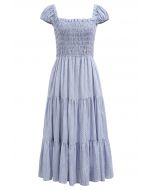 Gingham Charm Floret Square Neck Midi Dress in Blue