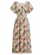 Leafy Garden Rose Print Puff Sleeve Midi Dress