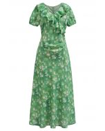 Daisy Printed Ruffle Trim Maxi Dress in Green