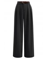 Faux Leather Belt Straight-Leg Pants in Black