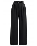 Faux Leather Belt Straight-Leg Pants in Black