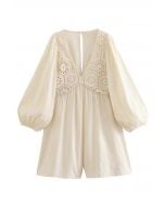 Deep V-Neck Floral Cutwork Puff Sleeves Playsuit