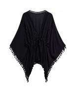 Tassel Batwing Sleeve Waist Tie Cover-Up Dress in Black