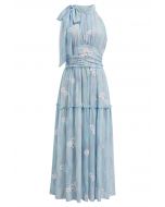 Floret Embroidery Bowknot Halter Neck Ruffle Midi Dress in Blue