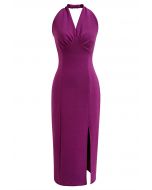 Modern Muse Halter Neck Slit Sheath Dress in Magenta