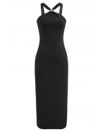 Golden Bead Trim Halter Sheath Dress in Black