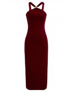 Golden Bead Trim Halter Sheath Dress in Red