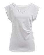 Decorative Necklace Side Pleat Cotton Top in White