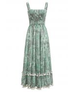 Floral Printed Tassel Trim Shirred Cami Dress in Green