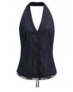 Button Down Sequined Hem Denim Halter Top