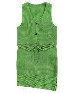 Openwork Crochet Buttoned Vest and Drawstring Skirt Set in Green