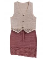 Openwork Crochet Buttoned Vest and Drawstring Skirt Set in Berry