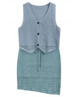 Openwork Crochet Buttoned Vest and Drawstring Skirt Set in Blue