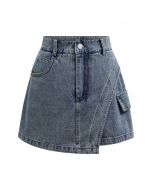 Edgy Curved Seam Flap Denim Skorts in Light Blue