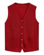 Button Down Patch Pocket Vest in Red