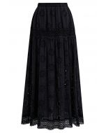 Floral Embroidered Eyelet Cotton Maxi Skirt in Black