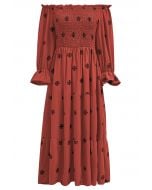 Black Floral Embroidery Shirred Midi Dress in Rust