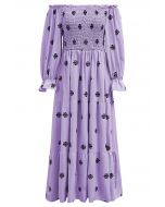 Black Floral Embroidery Shirred Midi Dress in Lilac