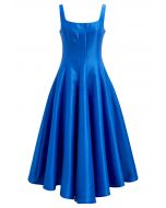 Polished Satin Flared Hem Cami Dress in Royal Blue