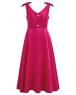 Bow Shoulder Zircon Button Midi Dress in Magenta