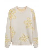 Floral Sketch Pattern Jacquard Knit Sweater in Light Yellow