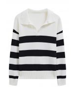 Contrast Stripe Collared V-Neck Knit Sweater in White