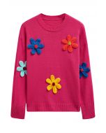 Colorful 3D Stitch Flower Knit Sweater in Hot Pink