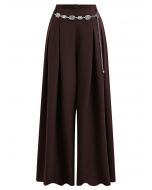 Chain-Embellished Pleated Palazzo Pants in Burgundy