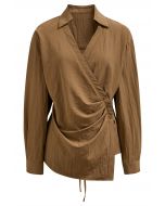 Side Pleats Collared Buttoned Wrap Shirt in Caramel