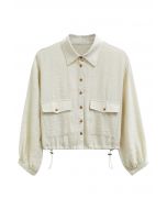 Collared Button Down Drawstring Shirt in Ivory