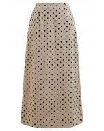 Velvet Polka Dot Back Slit Midi Skirt in Sand