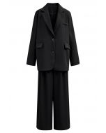 Modern Executive Notched Lapel Blazer and Pants Set in Black