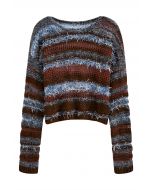 Multicolored Stripe Pointelle Fringed Knit Sweater in Burgundy