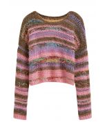 Multicolored Stripe Pointelle Fringed Knit Sweater in Pink