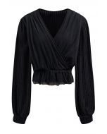 Mesh Spliced Faux-Wrap Knit Top in Black